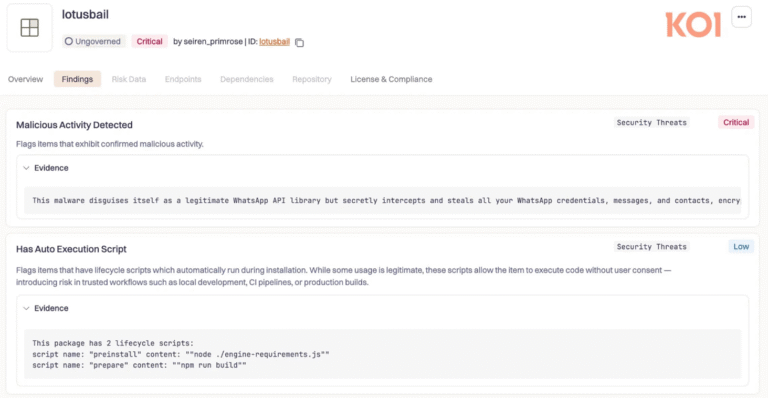 Koi Security findings page showing the “lotusbail” package flagged as critical, with malicious activity detected and auto-execution scripts listed.