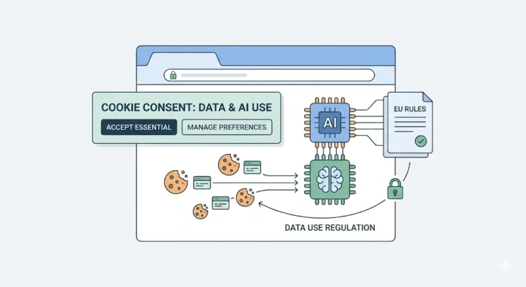 Illustration of browser cookies and AI chip showing how EU rules affect data use