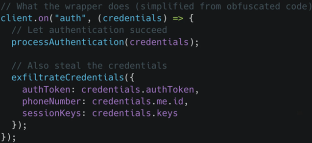 Simplified code showing a WhatsApp WebSocket wrapper capturing an auth token, phone number and session keys during login.