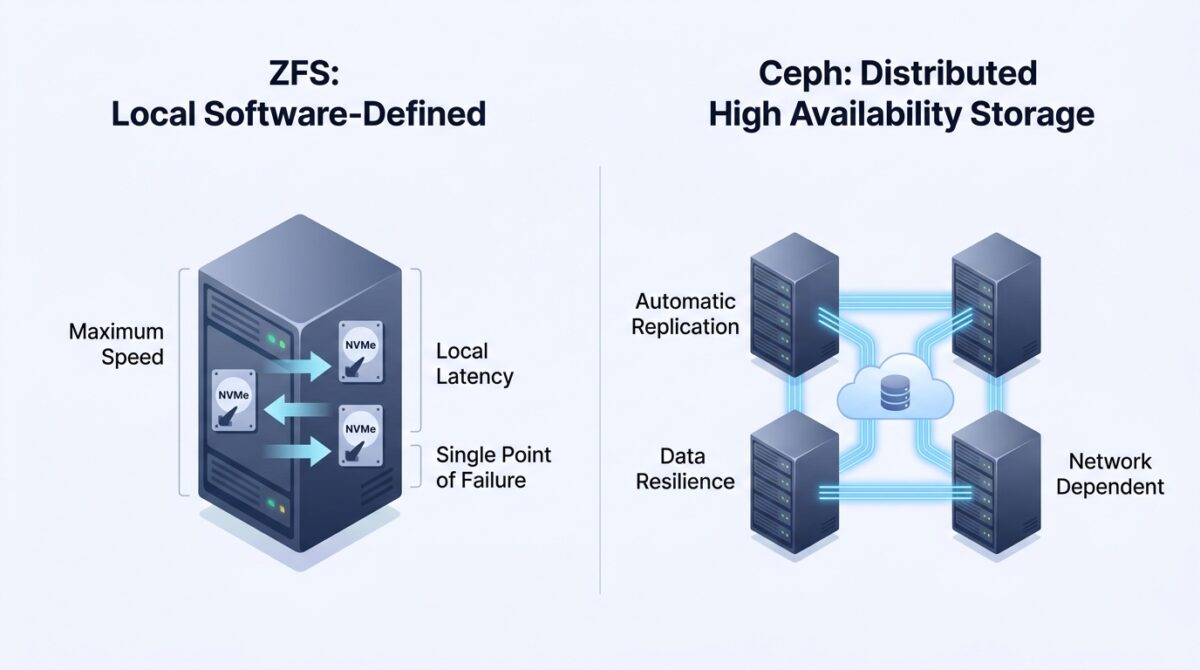 An infographic comparing ZFS and Ceph storage in Proxmox. The ZFS side highlights maximum speed and local latency within a single server, while the Ceph side illustrates distributed high availability and automatic data replication across a 4-node cluster.