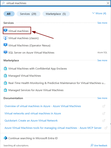 Typing "Virtual machines" in the Azure Portal search bar and selecting the Virtual Machines service with the blue computer icon