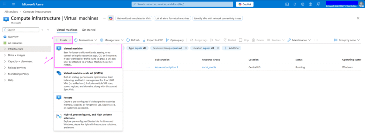 Azure Virtual Machines page showing the Create button dropdown with Azure virtual machine option selected