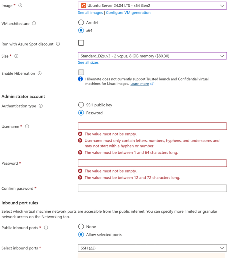 Azure Create Virtual Machine wizard showing Ubuntu Server 24.04 LTS image selected with Password authentication for Linux VM administrator account