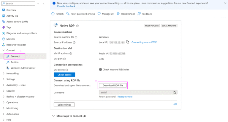 Azure Virtual Machine Connect page showing Native RDP option with Download RDP file button for Windows VM remote access