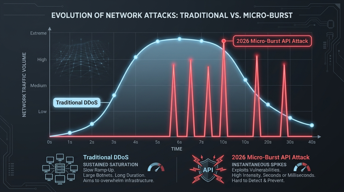A line graph comparing traditional DDoS attacks, which show a slow, sustained wave of high-volume traffic, against 2026 micro-burst API attacks, which display rapid, instantaneous, and highly intense spikes in network traffic.