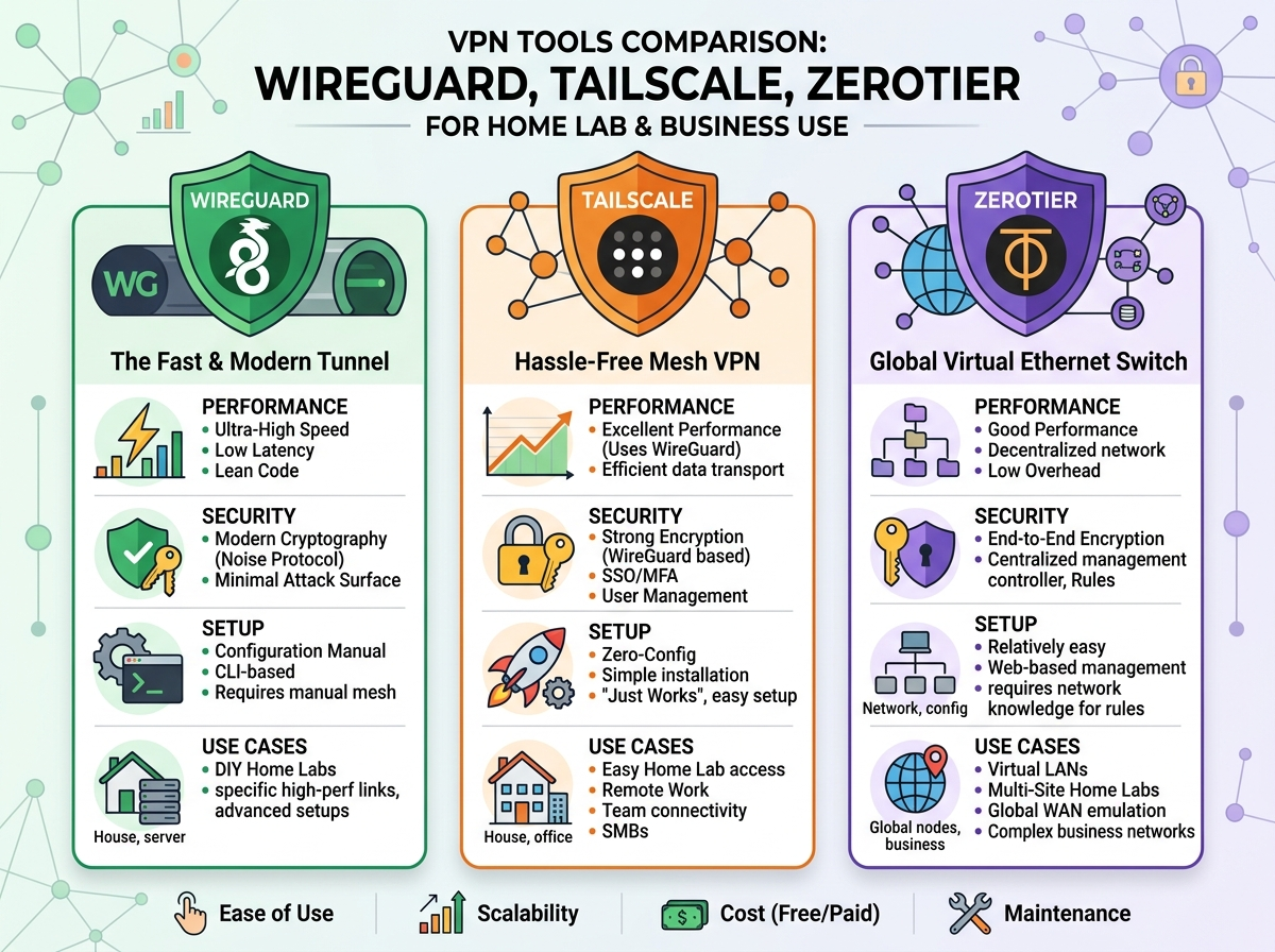Comparison of WireGuard, Tailscale and ZeroTier VPN tools for home lab and business use