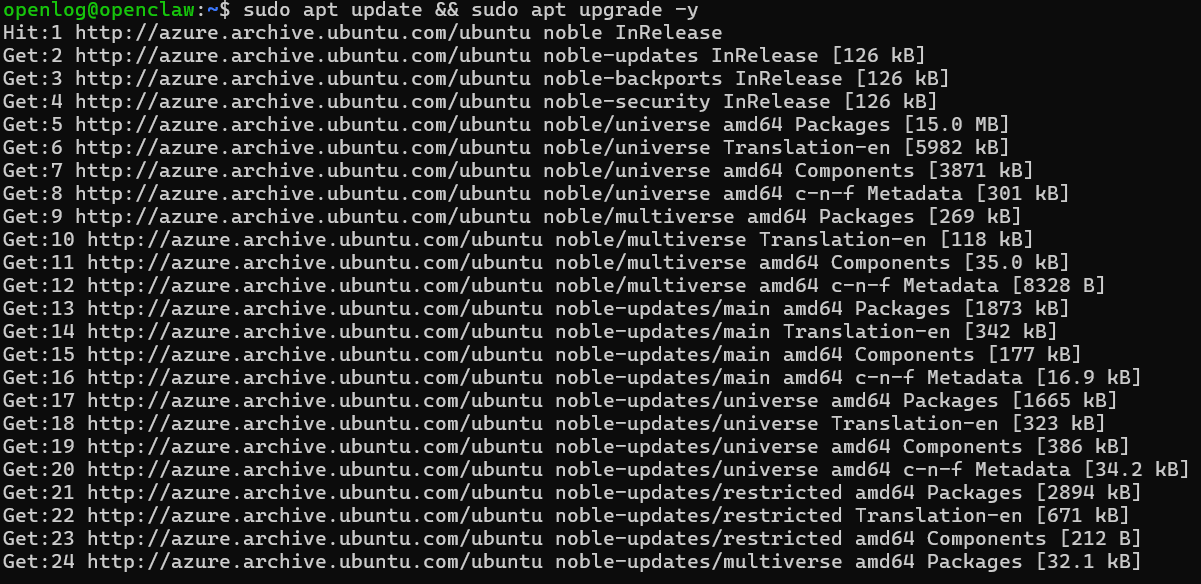 Terminal window showing an SSH connection to an Ubuntu server running the apt update and upgrade commands to prepare for an OpenCLaw installation.