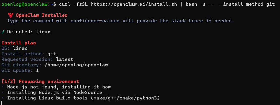 Ubuntu command line displaying the curl command used to manually install OpenCLaw via the git method.