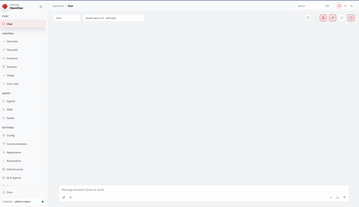 The OpenCLaw web UI dashboard loaded in a web browser, showcasing the clean interface for managing AI workflows and integrations like Telegram and WhatsApp.